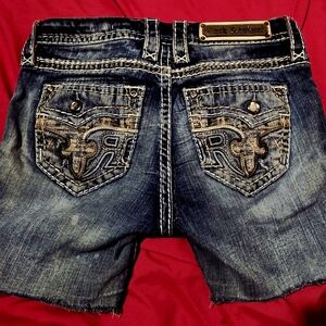 Rock Revival Dark Blue Denim Shorts with Embroidery